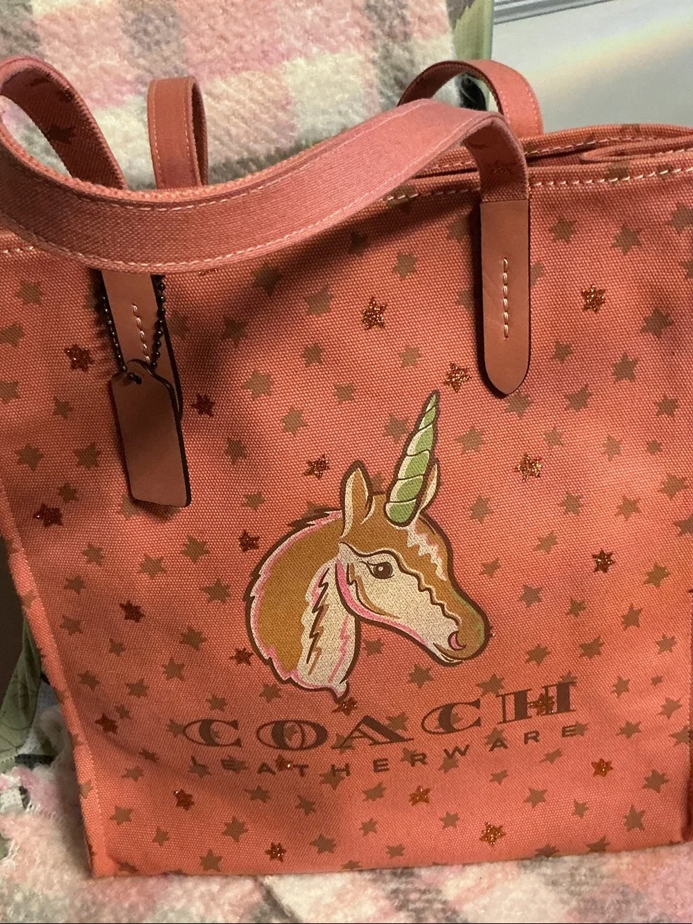 Coach Coral Canvas Tote with Unicorn Patch and Star Accents